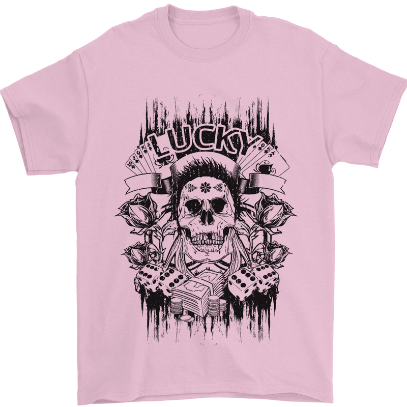 Lucky Dice Skull Motorbike Biker Motorcycle Mens T-Shirt Cotton Gildan Light Pink
