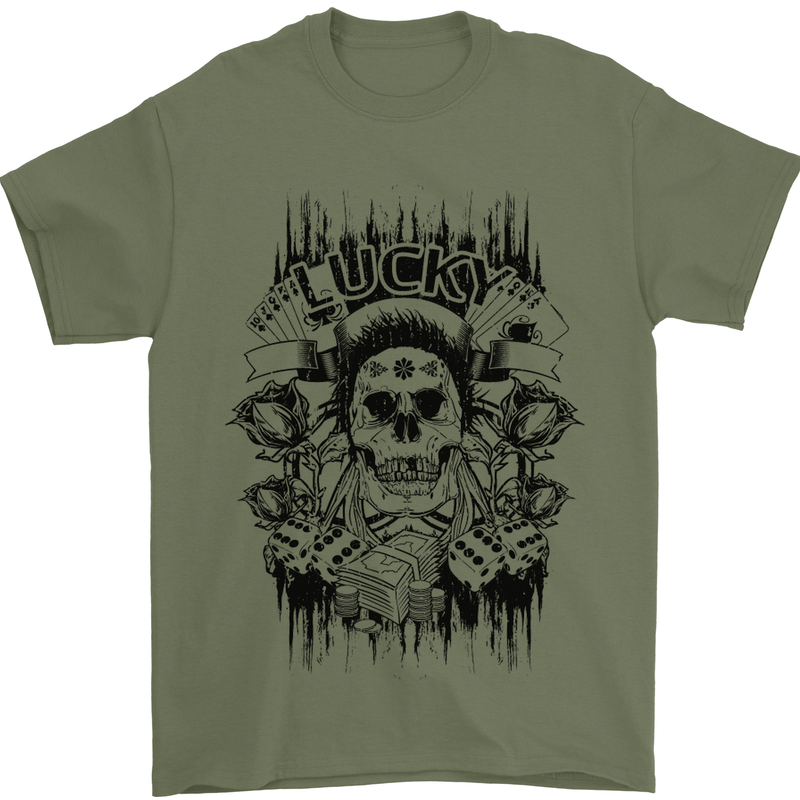 Lucky Dice Skull Motorbike Biker Motorcycle Mens T-Shirt Cotton Gildan Military Green