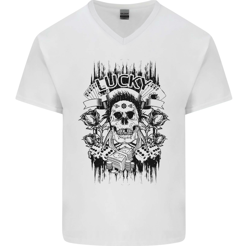 Lucky Dice Skull Motorbike Biker Motorcycle Mens V-Neck Cotton T-Shirt White