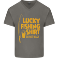 Lucky Fishing Fisherman Funny Mens V-Neck Cotton T-Shirt Charcoal