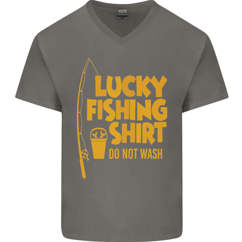 Lucky Fishing Fisherman Funny Mens V-Neck Cotton T-Shirt Charcoal