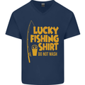 Lucky Fishing Fisherman Funny Mens V-Neck Cotton T-Shirt Navy Blue