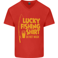 Lucky Fishing Fisherman Funny Mens V-Neck Cotton T-Shirt Red