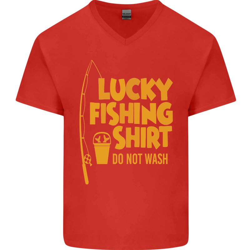 Lucky Fishing Fisherman Funny Mens V-Neck Cotton T-Shirt Red