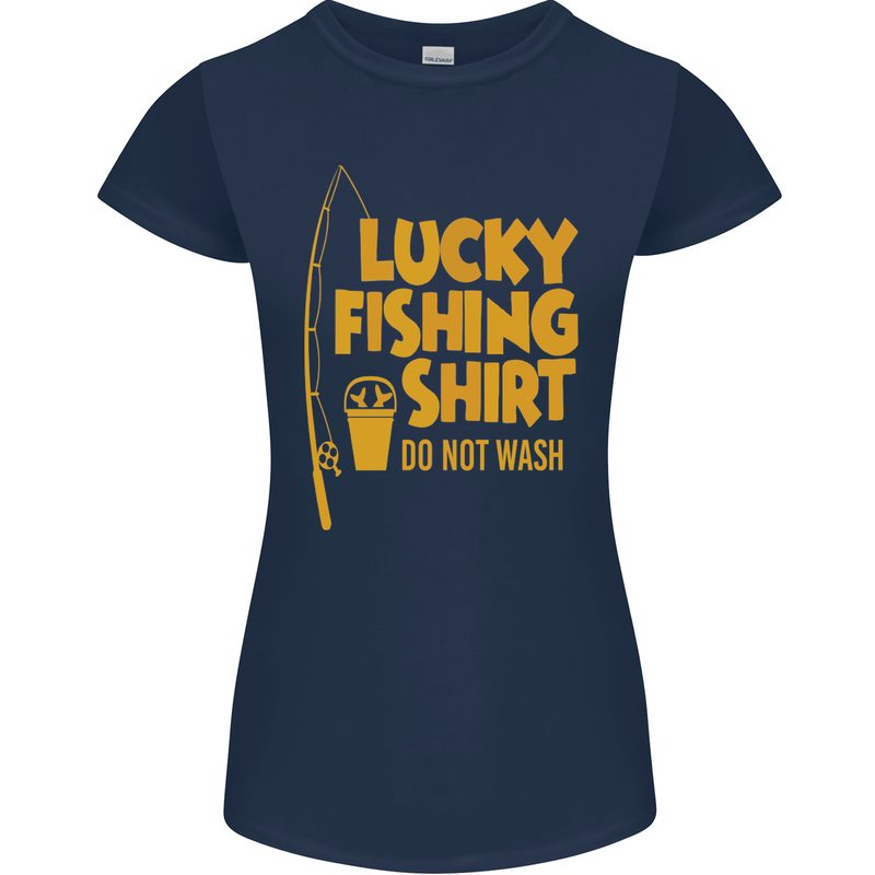 Lucky Fishing Fisherman Funny Womens Petite Cut T-Shirt Navy Blue