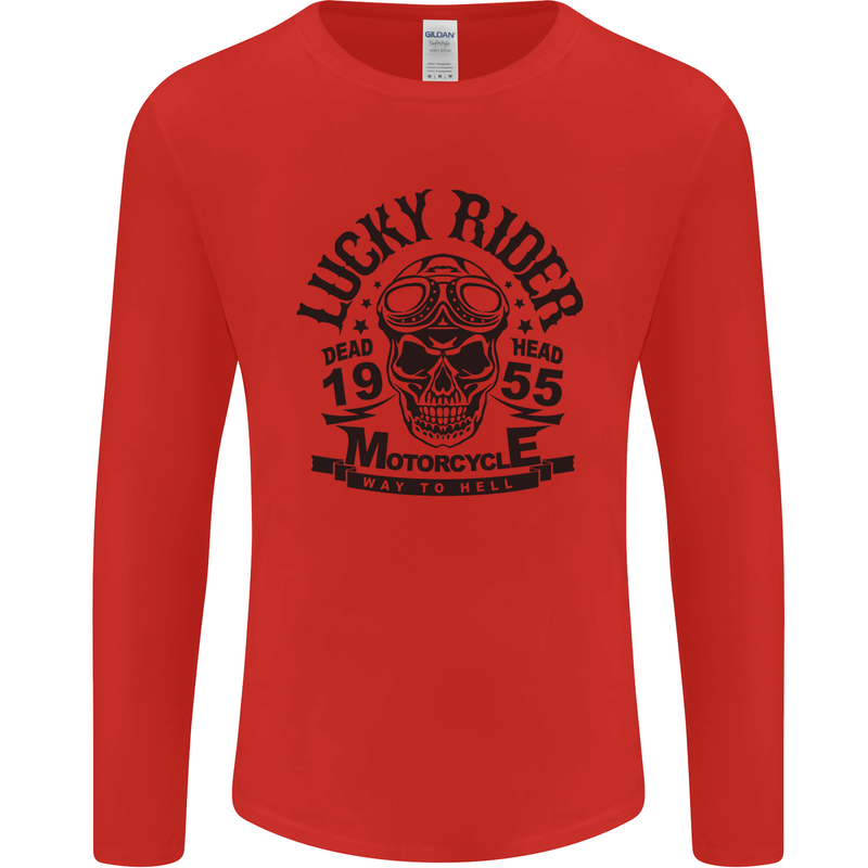 Lucky Rider Dead Head Motorbike Biker Mens Long Sleeve T-Shirt Red