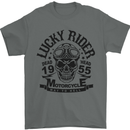 Lucky Rider Dead Head Motorbike Biker Mens T-Shirt Cotton Gildan Charcoal