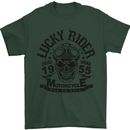 Lucky Rider Dead Head Motorbike Biker Mens T-Shirt Cotton Gildan Forest Green