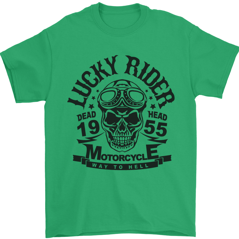 Lucky Rider Dead Head Motorbike Biker Mens T-Shirt Cotton Gildan Irish Green