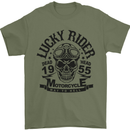 Lucky Rider Dead Head Motorbike Biker Mens T-Shirt Cotton Gildan Military Green
