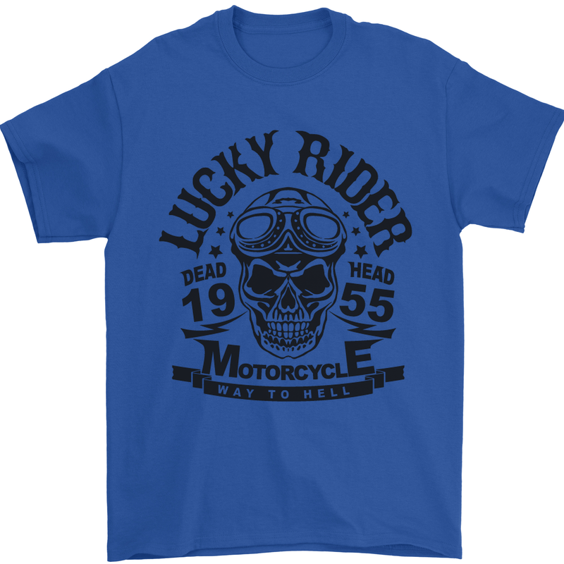 Lucky Rider Dead Head Motorbike Biker Mens T-Shirt Cotton Gildan Royal Blue