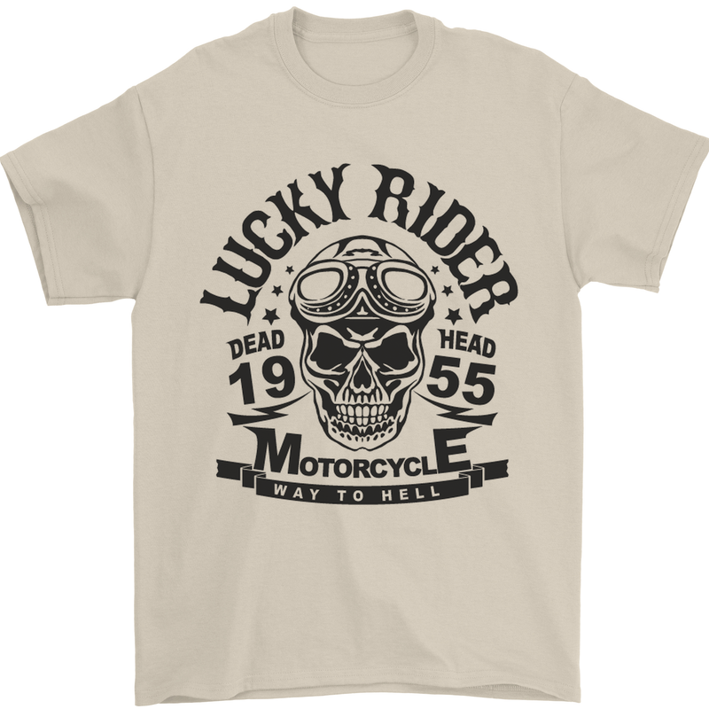 Lucky Rider Dead Head Motorbike Biker Mens T-Shirt Cotton Gildan Sand