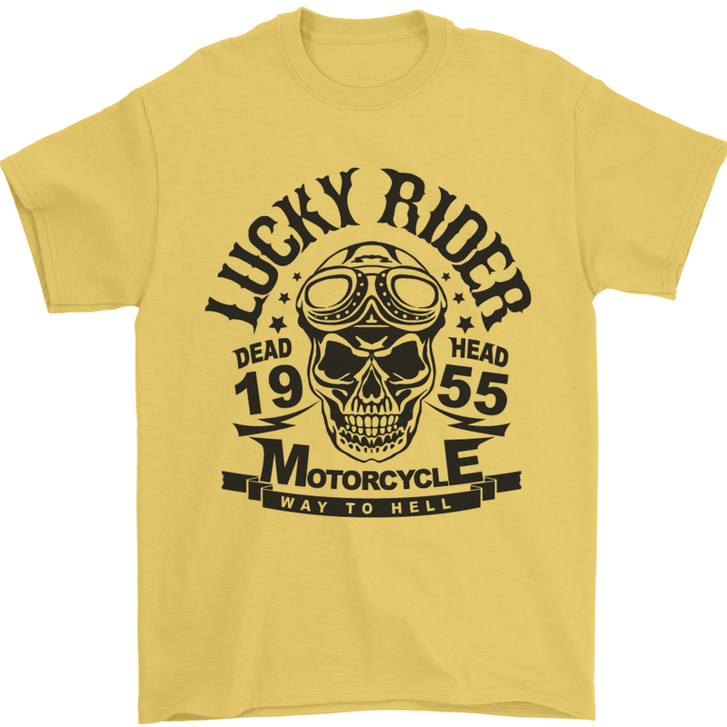 Lucky Rider Dead Head Motorbike Biker Mens T-Shirt Cotton Gildan Yellow