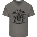 Lucky Rider Dead Head Motorbike Biker Mens V-Neck Cotton T-Shirt Charcoal