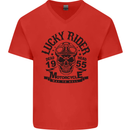 Lucky Rider Dead Head Motorbike Biker Mens V-Neck Cotton T-Shirt Red