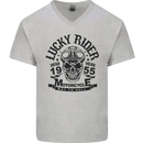 Lucky Rider Dead Head Motorbike Biker Mens V-Neck Cotton T-Shirt Sports Grey