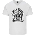 Lucky Rider Dead Head Motorbike Biker Mens V-Neck Cotton T-Shirt White