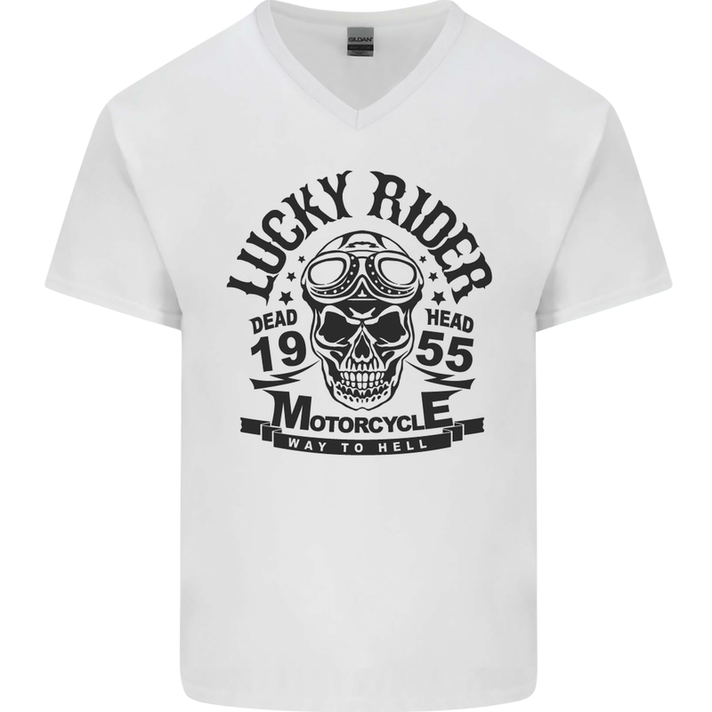 Lucky Rider Dead Head Motorbike Biker Mens V-Neck Cotton T-Shirt White