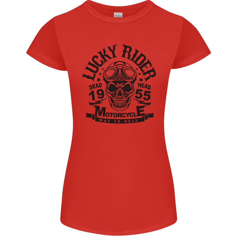 Lucky Rider Dead Head Motorbike Biker Womens Petite Cut T-Shirt Red