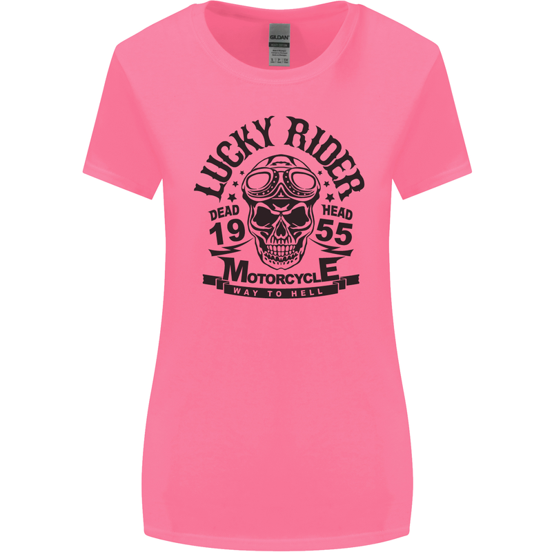 Lucky Rider Dead Head Motorbike Biker Womens Wider Cut T-Shirt Azalea