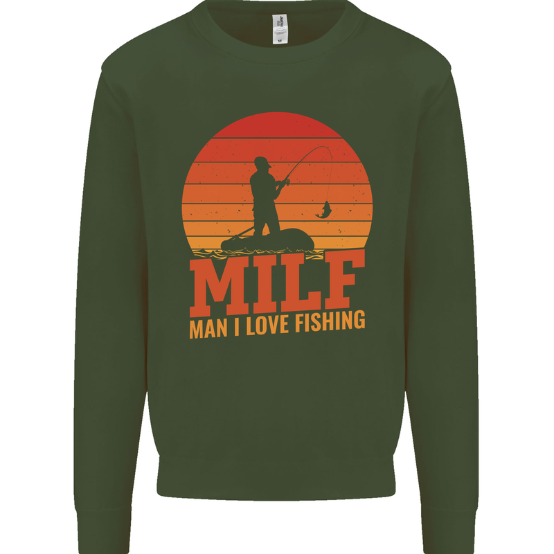 MILF Fishing Funny Fisherman Father's Day Kids Sweatshirt Jumper Forest Green