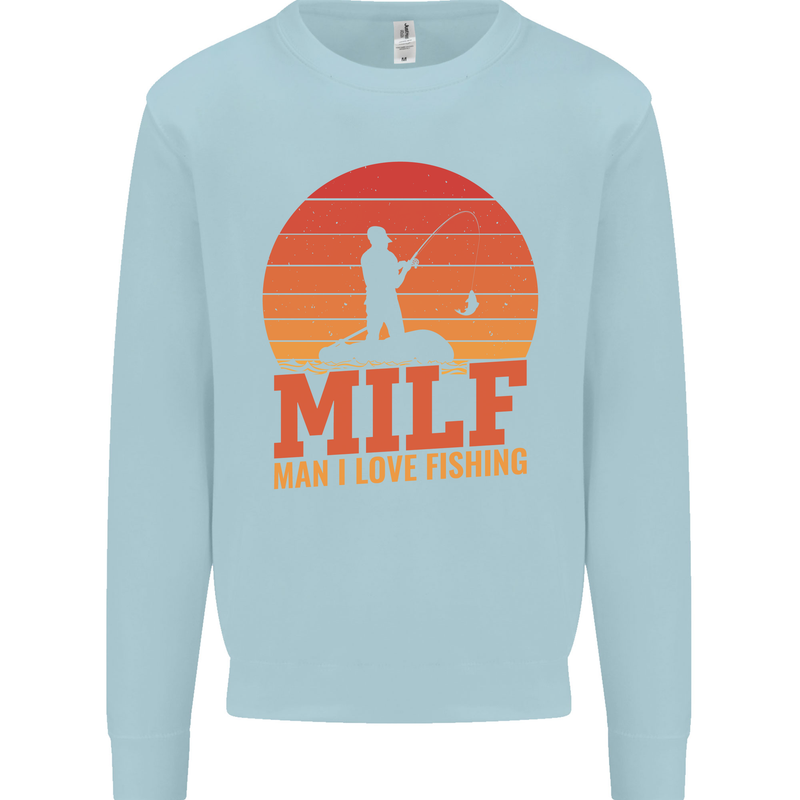 MILF Fishing Funny Fisherman Father's Day Kids Sweatshirt Jumper Light Blue