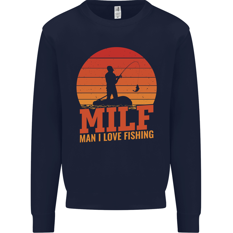 MILF Fishing Funny Fisherman Father's Day Kids Sweatshirt Jumper Navy Blue