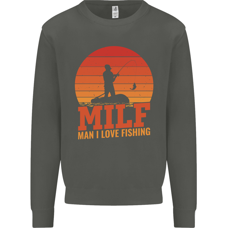 MILF Fishing Funny Fisherman Father's Day Kids Sweatshirt Jumper Storm Grey