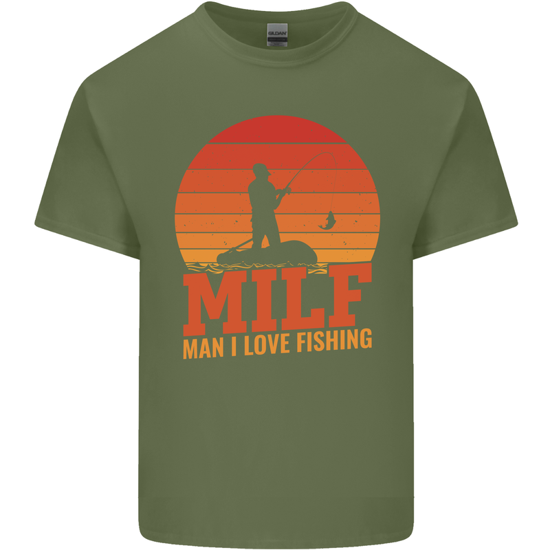 MILF Fishing Funny Fisherman Father's Day Mens Cotton T-Shirt Tee Top Military Green