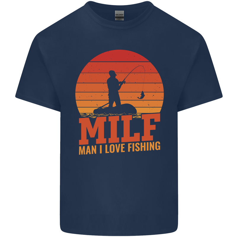 MILF Fishing Funny Fisherman Father's Day Mens Cotton T-Shirt Tee Top Navy Blue