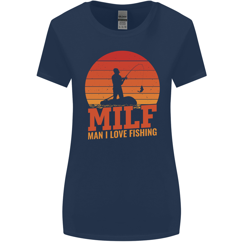 MILF Fishing Funny Fisherman Father's Day Womens Wider Cut T-Shirt Navy Blue
