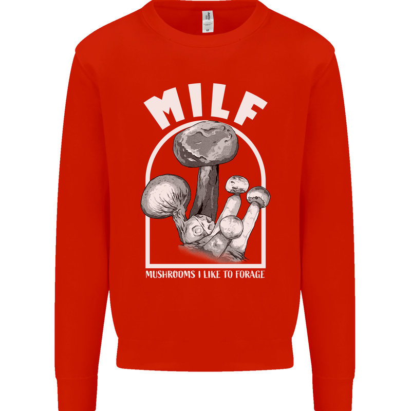 MILF Mushrooms I Like to Forage Kids Sweatshirt Jumper Bright Red