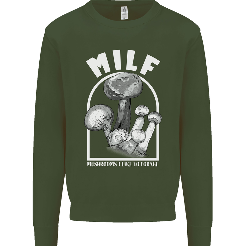 MILF Mushrooms I Like to Forage Kids Sweatshirt Jumper Forest Green