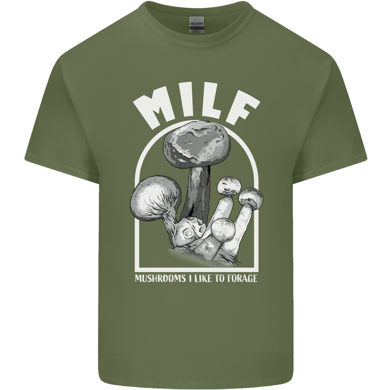 MILF Mushrooms I Like to Forage Mens Cotton T-Shirt Tee Top Military Green