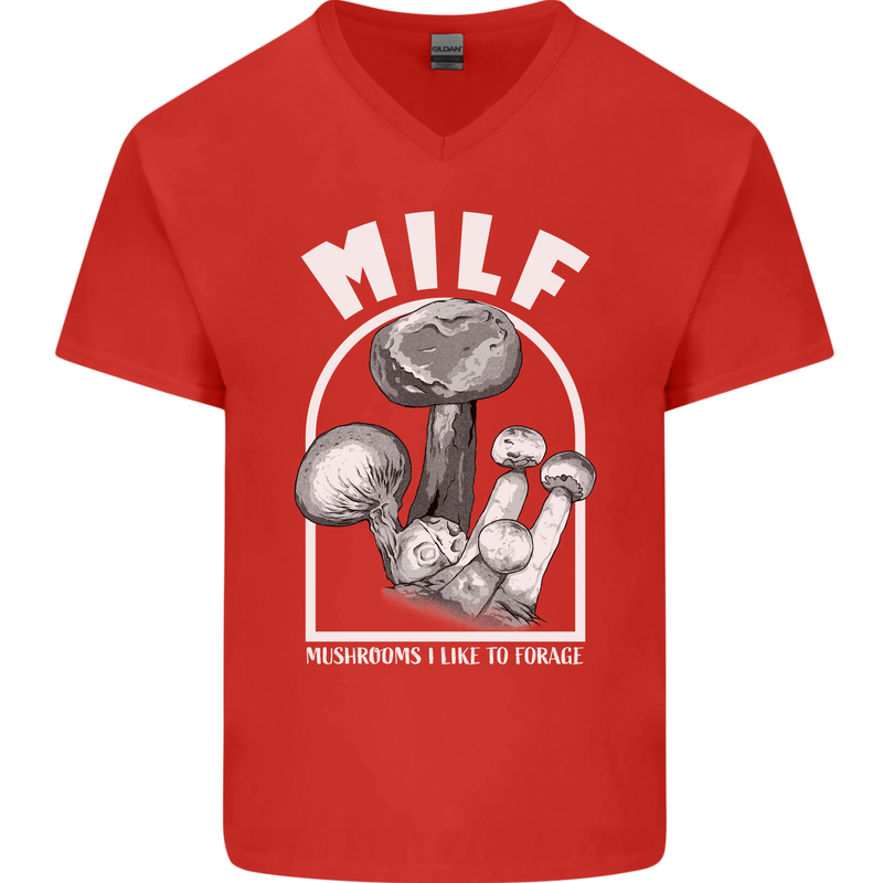 MILF Mushrooms I Like to Forage Mens V-Neck Cotton T-Shirt Red
