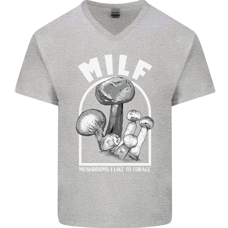 MILF Mushrooms I Like to Forage Mens V-Neck Cotton T-Shirt Sports Grey