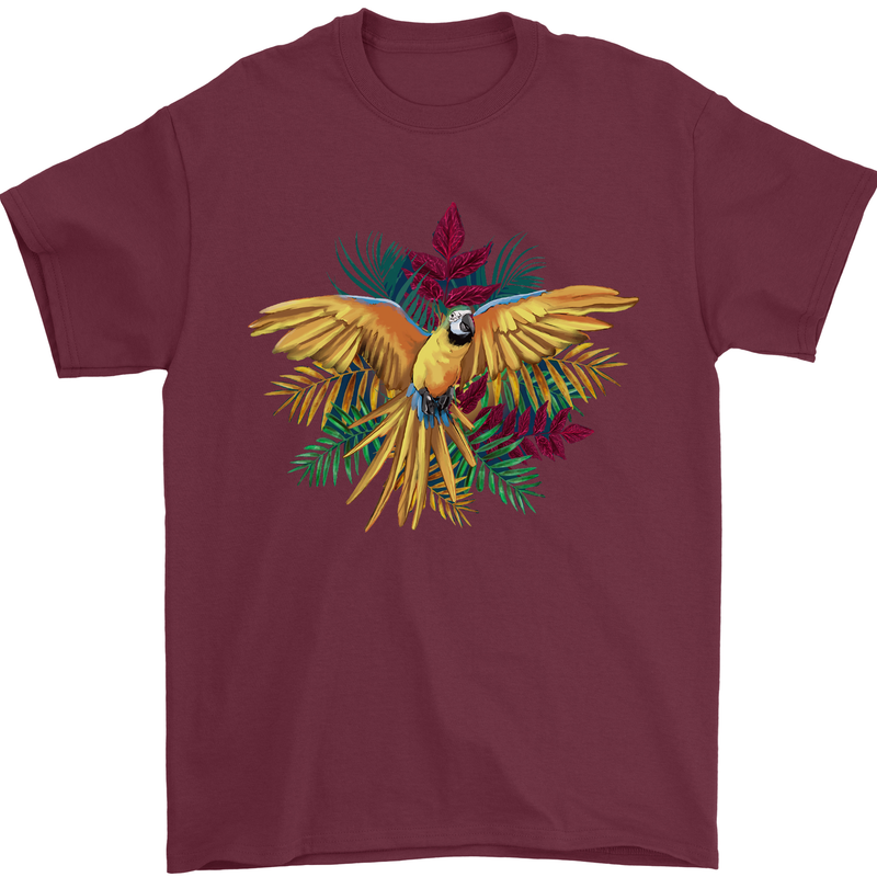Maacaw Parrot In the Jungle Mens T-Shirt 100% Cotton Maroon