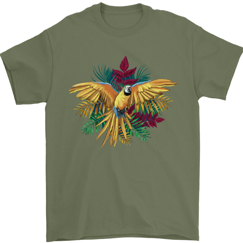 Maacaw Parrot In the Jungle Mens T-Shirt 100% Cotton Military Green