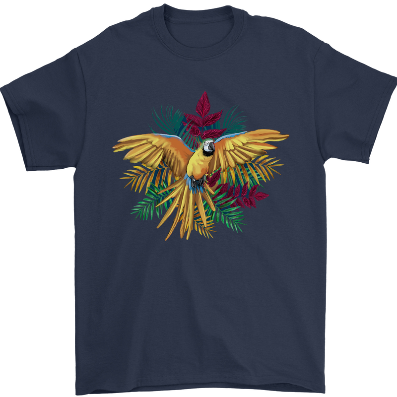 Maacaw Parrot In the Jungle Mens T-Shirt 100% Cotton Navy Blue