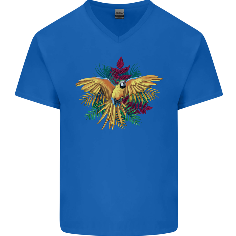 Maacaw Parrot In the Jungle Mens V-Neck Cotton T-Shirt Royal Blue