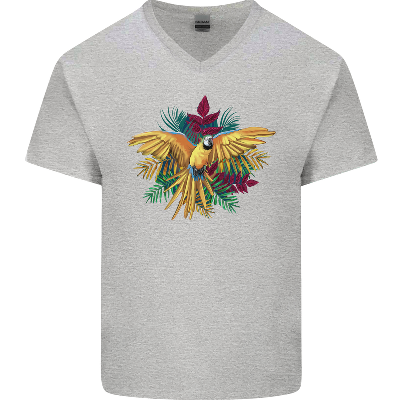 Maacaw Parrot In the Jungle Mens V-Neck Cotton T-Shirt Sports Grey