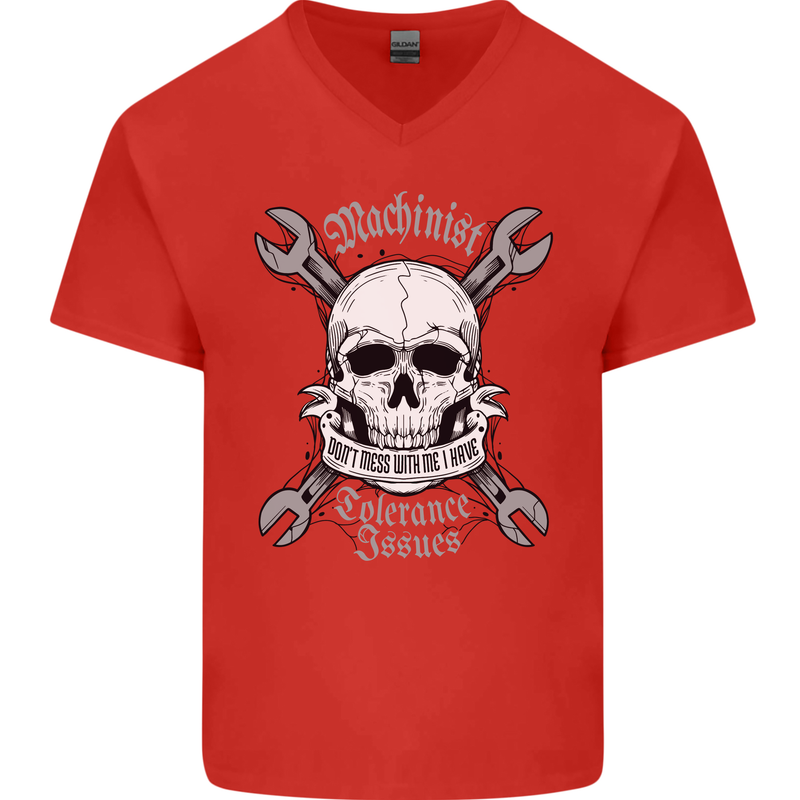 Machinist I Have Tolerance Issues Skull Mens V-Neck Cotton T-Shirt Red