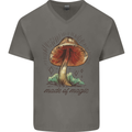 Made of Magic Mushrooms LSD Trippy Mens V-Neck Cotton T-Shirt Charcoal