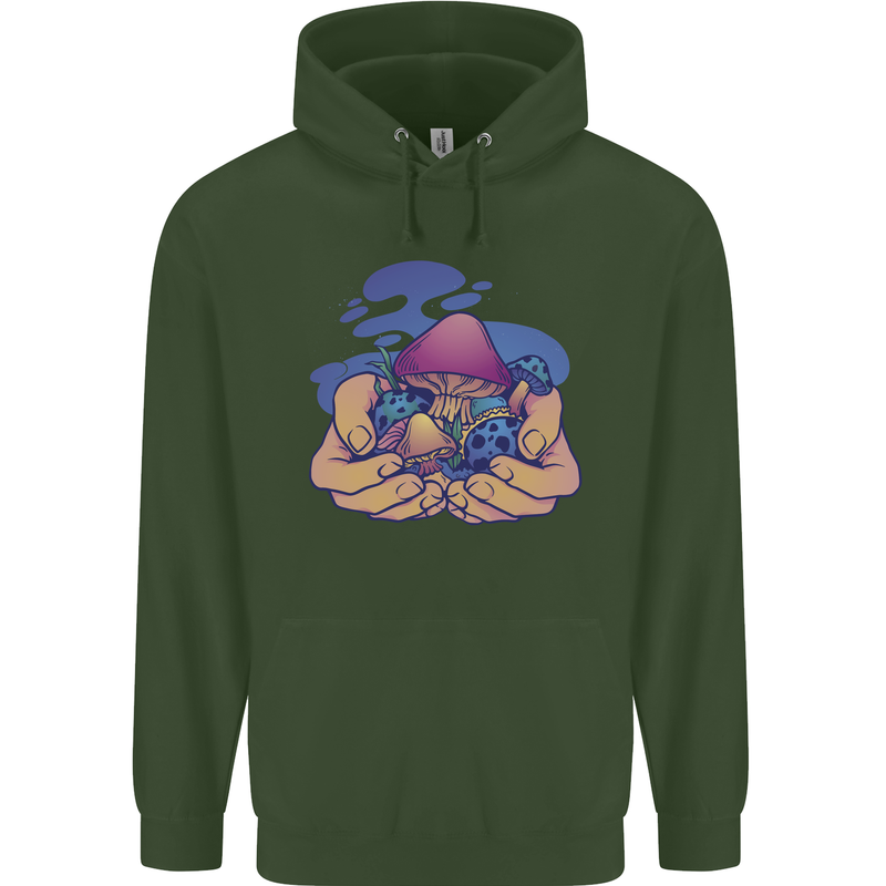 Magic Mushroom Hands Mycology Trippy Childrens Kids Hoodie Forest Green