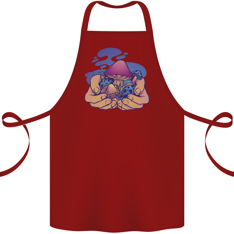 Magic Mushroom Hands Mycology Trippy Cotton Apron 100% Organic Maroon