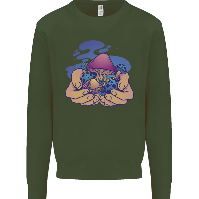 Magic Mushroom Hands Mycology Trippy Kids Sweatshirt Jumper Forest Green