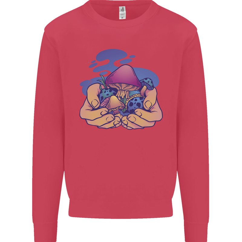Magic Mushroom Hands Mycology Trippy Kids Sweatshirt Jumper Heliconia