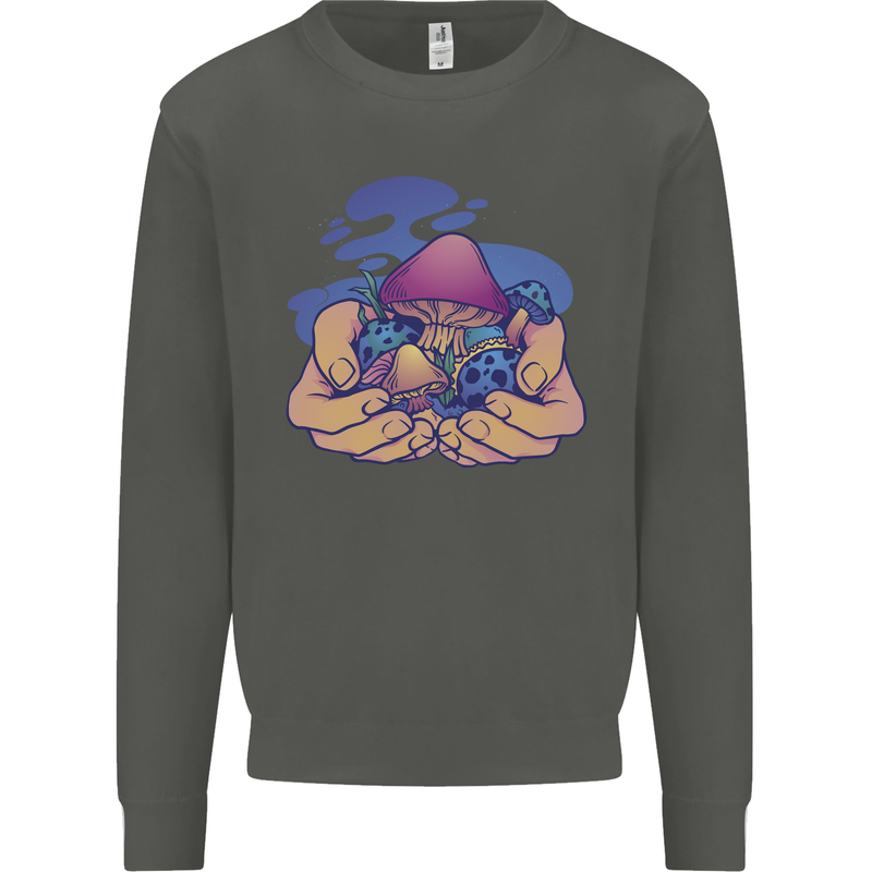 Magic Mushroom Hands Mycology Trippy Kids Sweatshirt Jumper Storm Grey