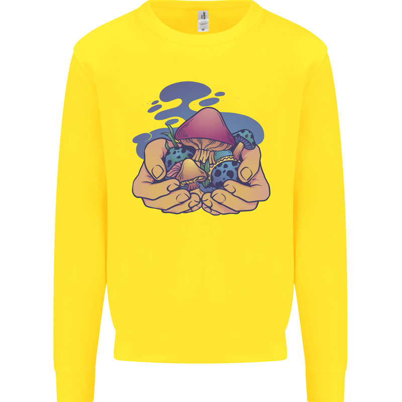 Magic Mushroom Hands Mycology Trippy Kids Sweatshirt Jumper Yellow