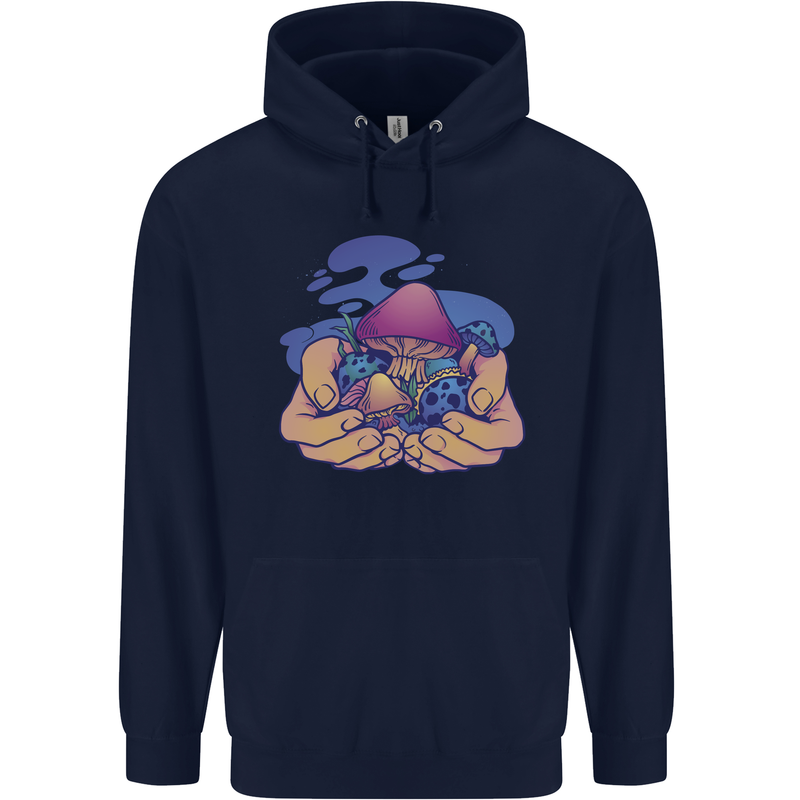 Magic Mushroom Hands Mycology Trippy Mens 80% Cotton Hoodie Navy Blue